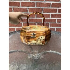 Vtg Anton Pieck Octagon Purse w Lucite Handle MCM Wooden Decoupage Handbag Tiger